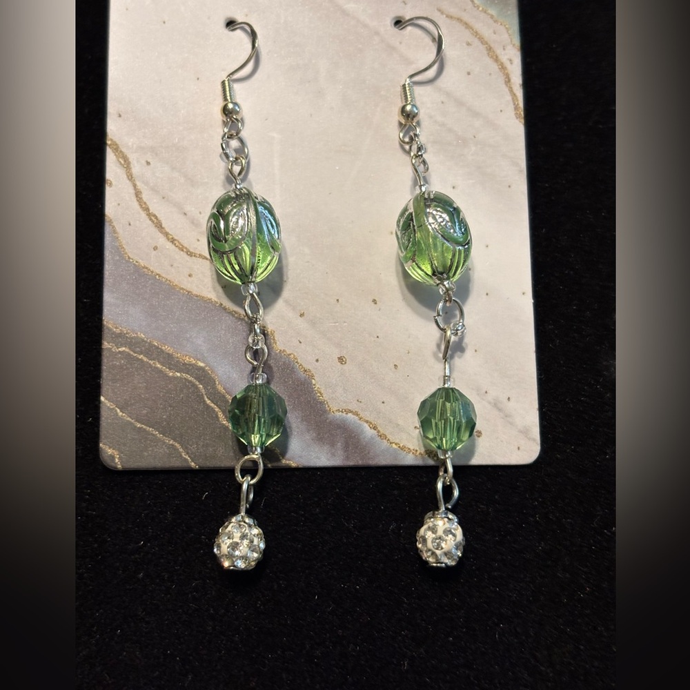 Handmade Elven Princess Green and Silver Drop Earrings